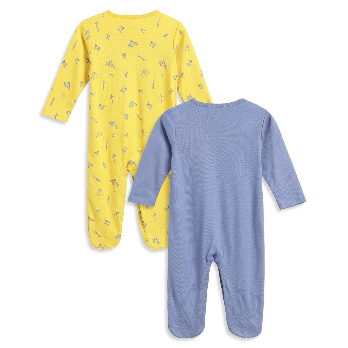 Baby Boys Yellow and Blue Cotton Printed Sleepsuits Pack of 2 Regular Fit Casual Baby Sleepsuits
