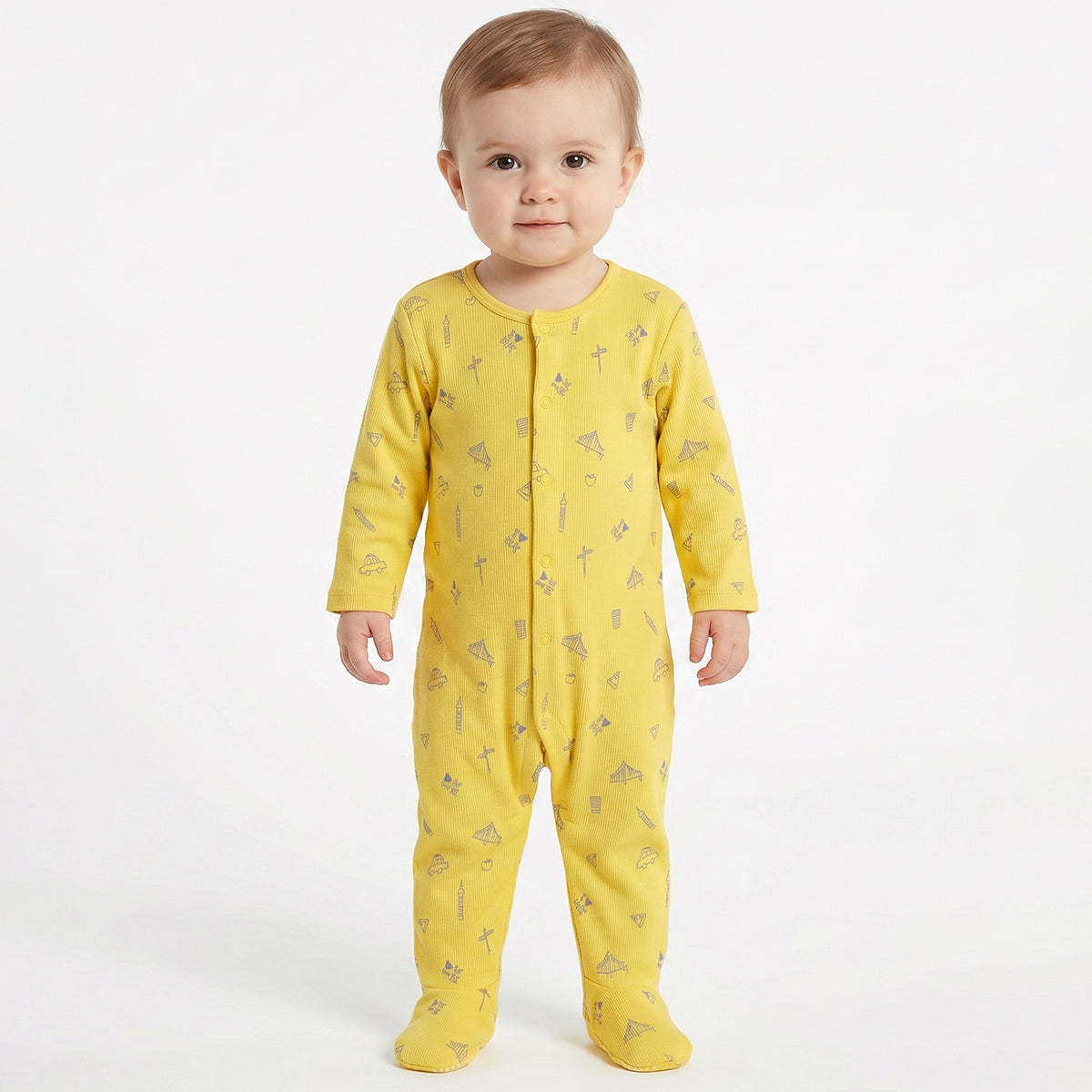 Baby Boys Yellow and Blue Cotton Printed Sleepsuits Pack of 2 Regular Fit Casual Baby Sleepsuits