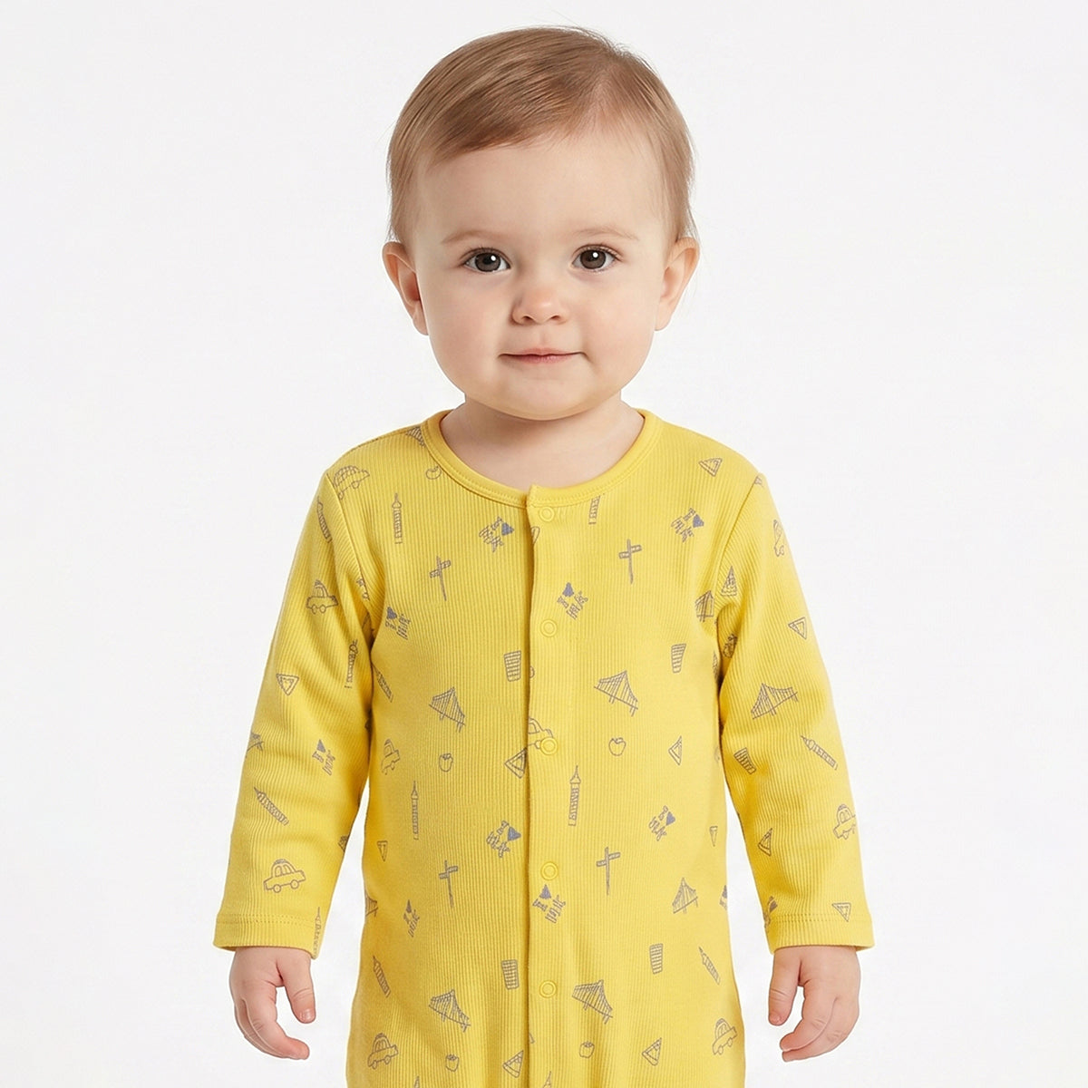 Baby Boys Yellow and Blue Cotton Printed Sleepsuits Pack of 2 Regular Fit Casual Baby Sleepsuits