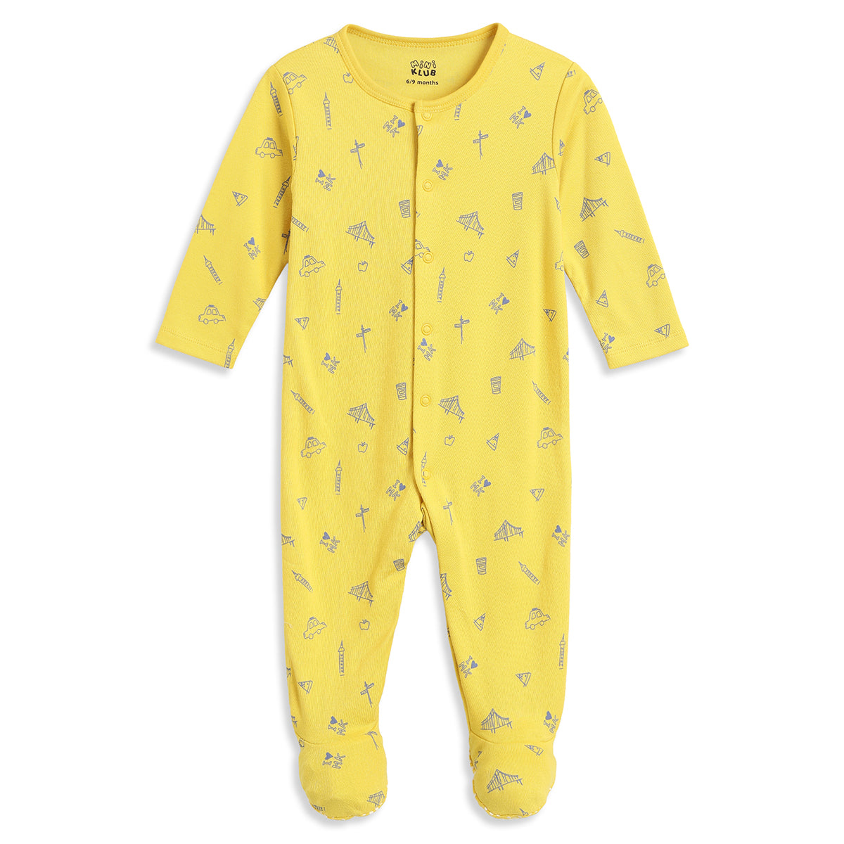 Baby Boys Yellow and Blue Cotton Printed Sleepsuits Pack of 2 Regular Fit Casual Baby Sleepsuits