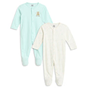 Baby Boys Mint Green and Off White Cotton Printed Sleepsuits Pack of 2 Regular Fit Casual Baby Sleepsuits