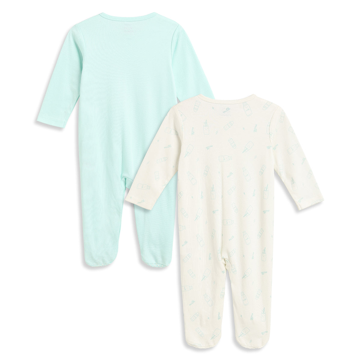 Baby Boys Mint Green and Off White Cotton Printed Sleepsuits Pack of 2 Regular Fit Casual Baby Sleepsuits