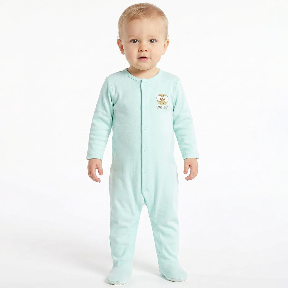 Baby Boys Mint Green and Off White Cotton Printed Sleepsuits Pack of 2 Regular Fit Casual Baby Sleepsuits