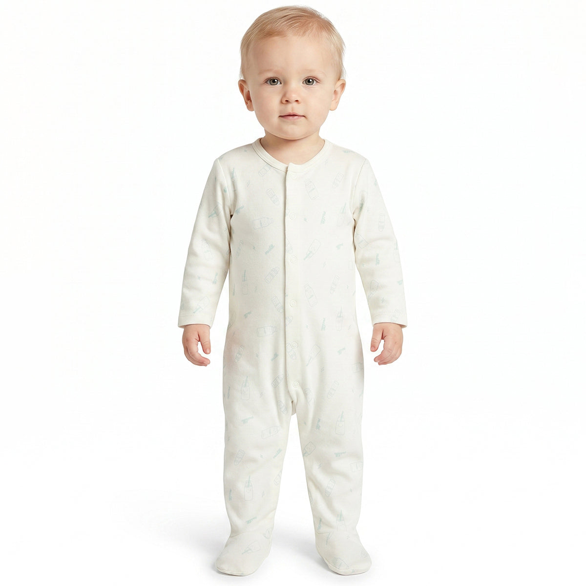 Baby Boys Mint Green and Off White Cotton Printed Sleepsuits Pack of 2 Regular Fit Casual Baby Sleepsuits