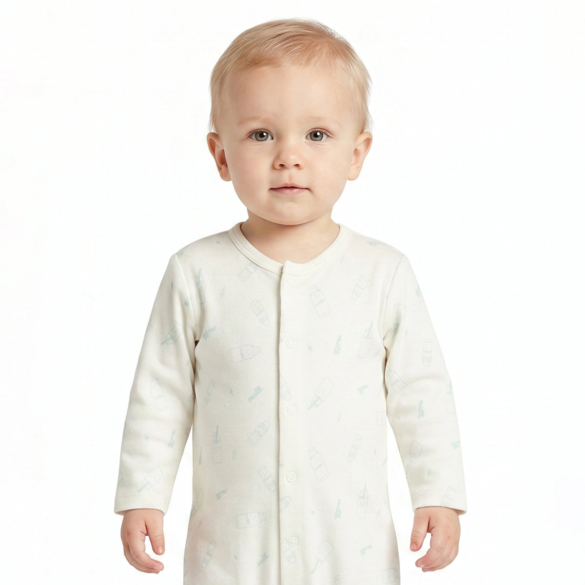 Baby Boys Mint Green and Off White Cotton Printed Sleepsuits Pack of 2 Regular Fit Casual Baby Sleepsuits