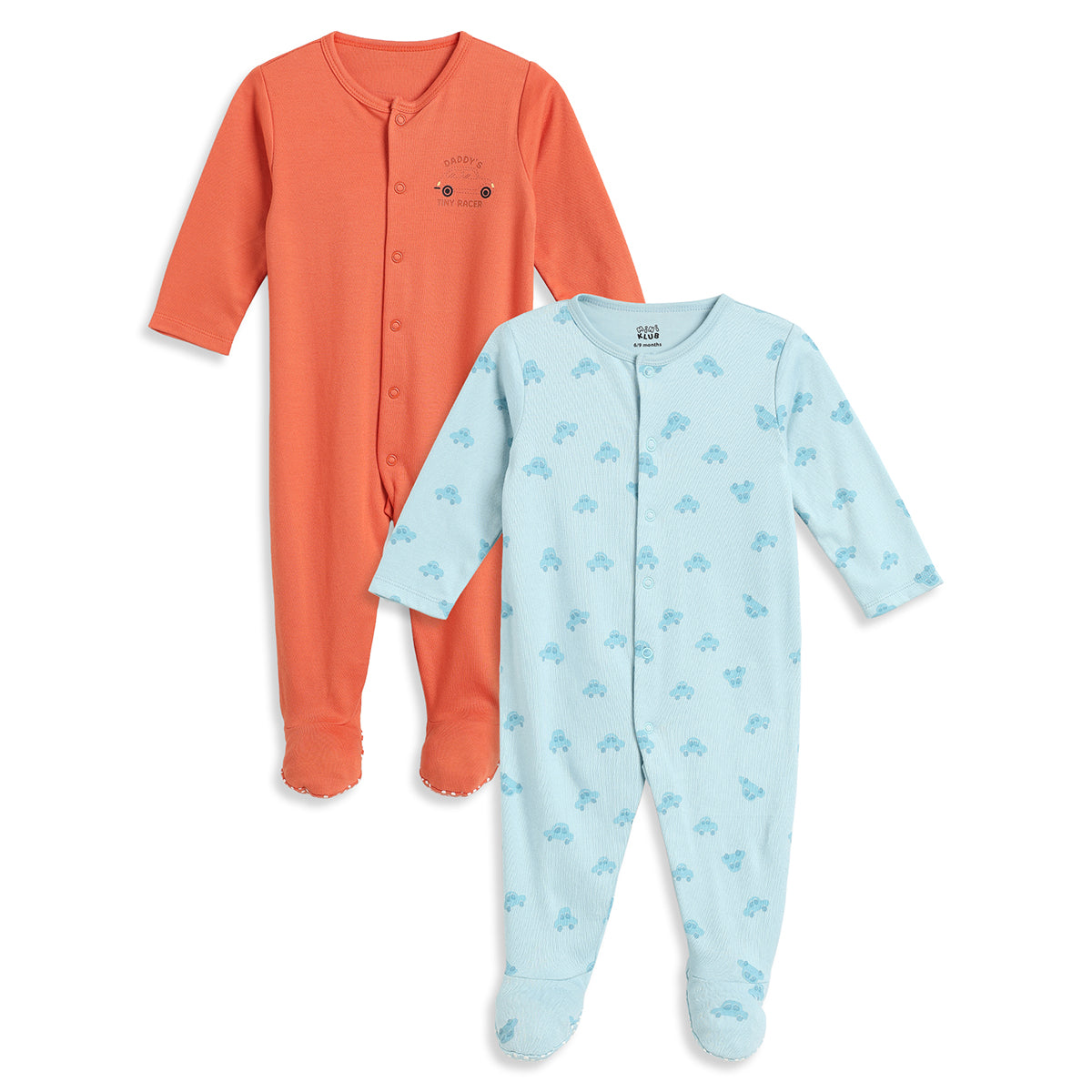 Baby Boys Orange and Sky Blue Cotton Printed Sleepsuits Pack of 2 Regular Fit Casual Baby Sleepsuits