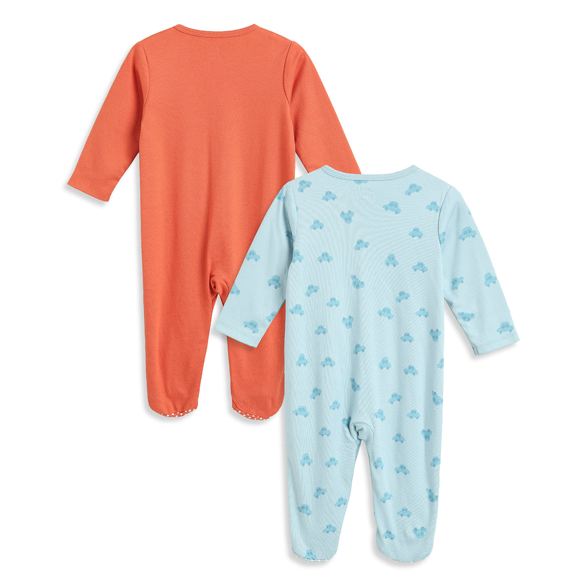 Baby Boys Orange and Sky Blue Cotton Printed Sleepsuits Pack of 2 Regular Fit Casual Baby Sleepsuits