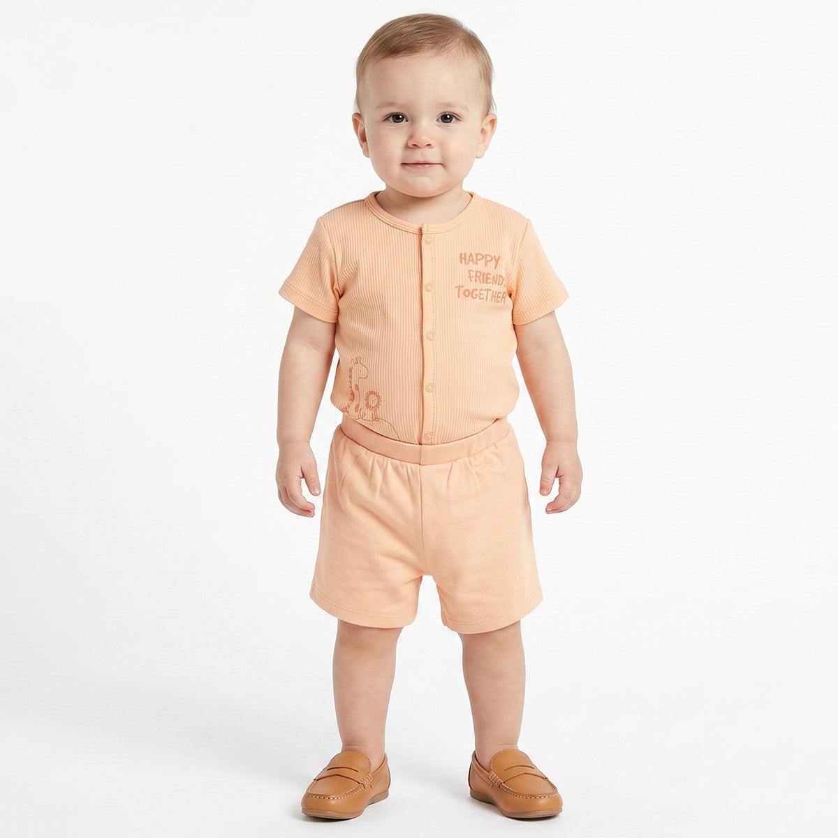 Baby Boys Peach and Olive Green Cotton Printed Shorts Pack of 2 Regular Fit Casual Baby Shorts