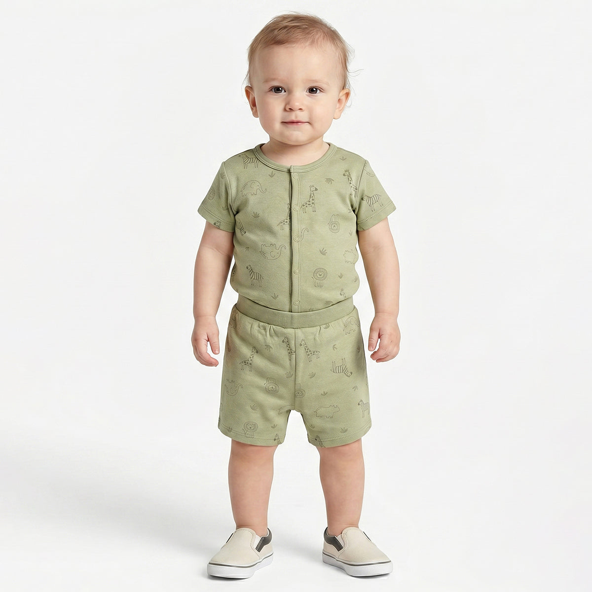 Baby Boys Peach and Olive Green Cotton Printed Shorts Pack of 2 Regular Fit Casual Baby Shorts