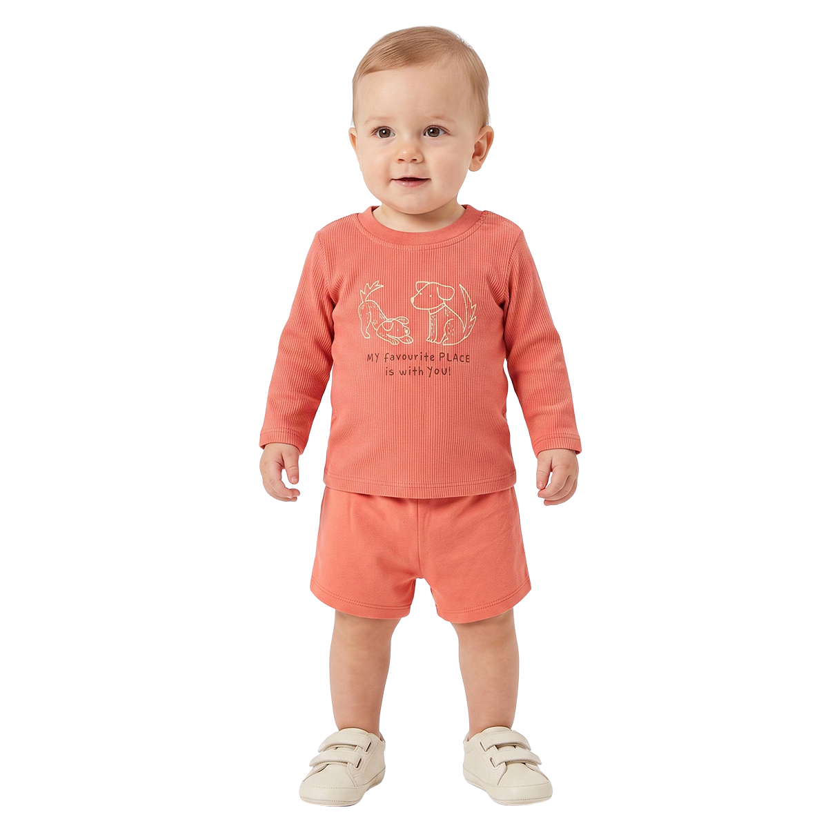 Boys Peach and Coral Dog Printed Three Quarter Sleeve T Shirts Pack Of