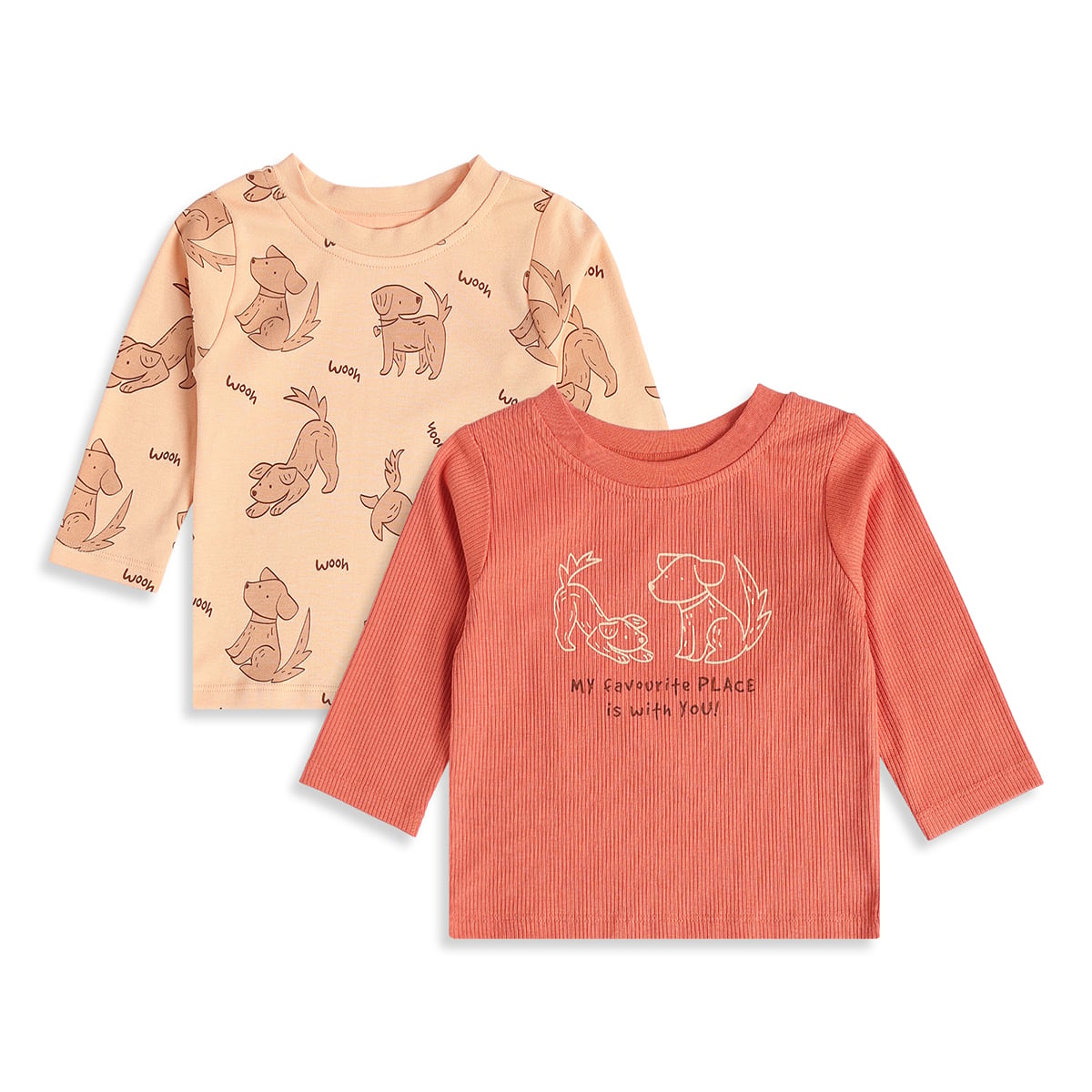 Baby Boys Peach And Coral Cotton Dog Printed Three-Quarter Sleeve T-Shirts Pack Of 2 Regular Fit Casual Wear