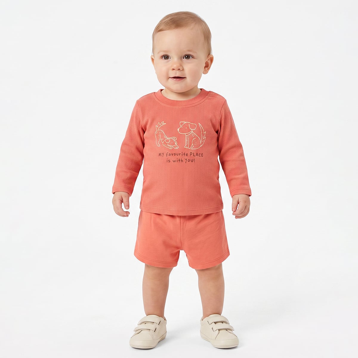 Baby Boys Peach And Coral Cotton Dog Printed Three-Quarter Sleeve T-Shirts Pack Of 2 Regular Fit Casual Wear