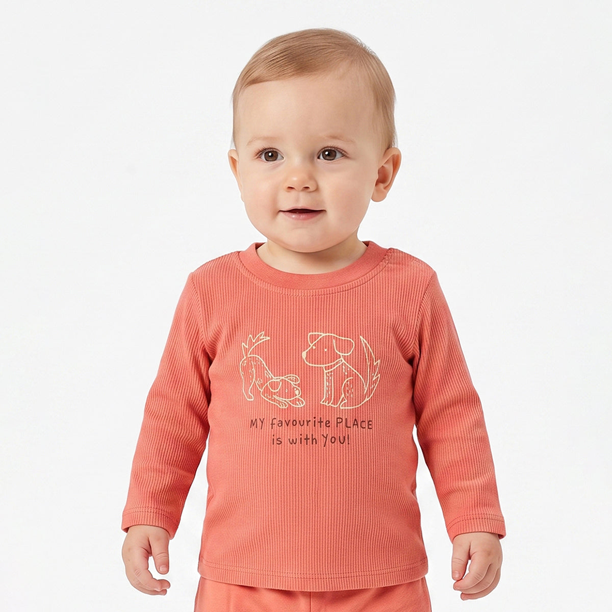 Baby Boys Peach And Coral Cotton Dog Printed Three-Quarter Sleeve T-Shirts Pack Of 2 Regular Fit Casual Wear