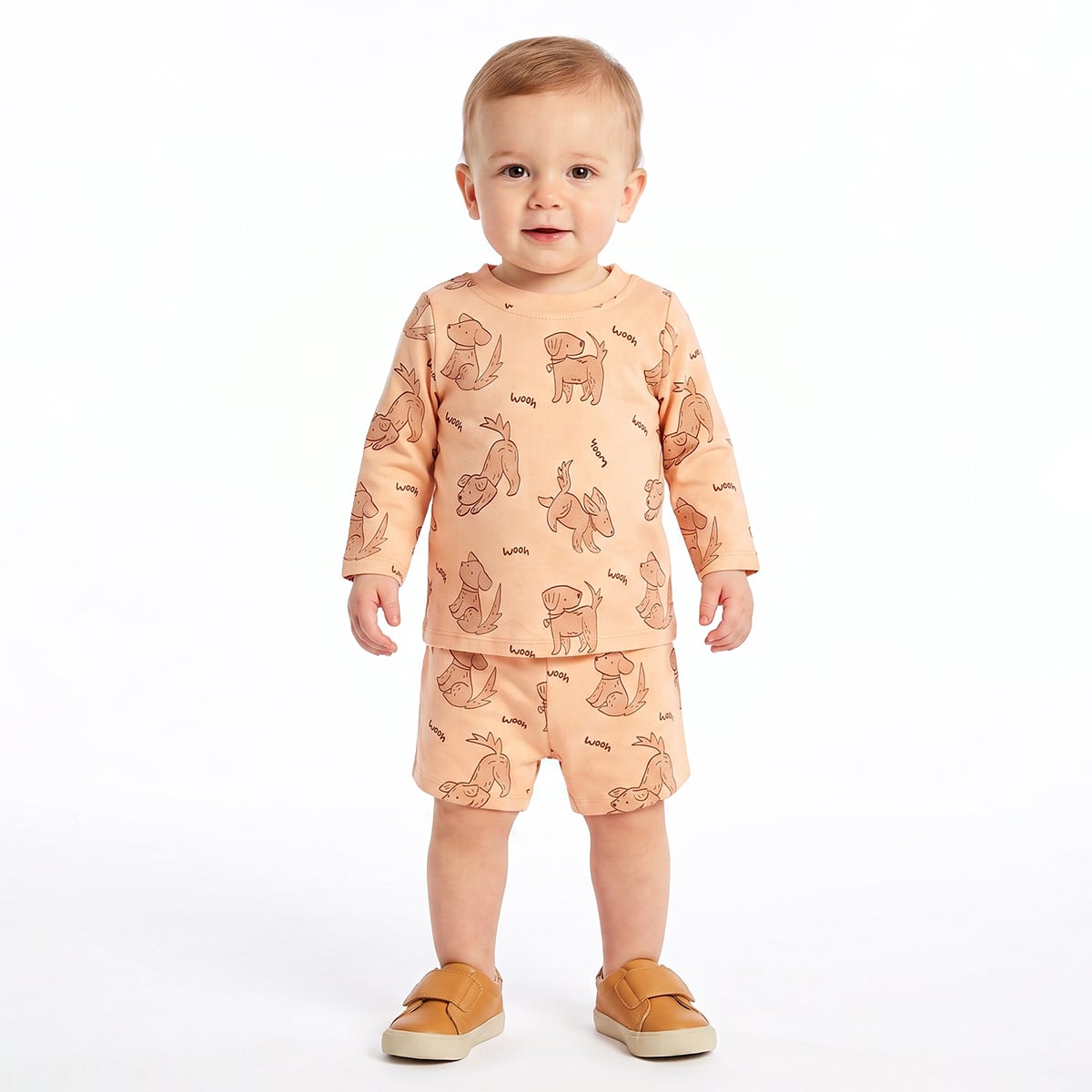 Baby Boys Peach And Coral Cotton Dog Printed Three-Quarter Sleeve T-Shirts Pack Of 2 Regular Fit Casual Wear