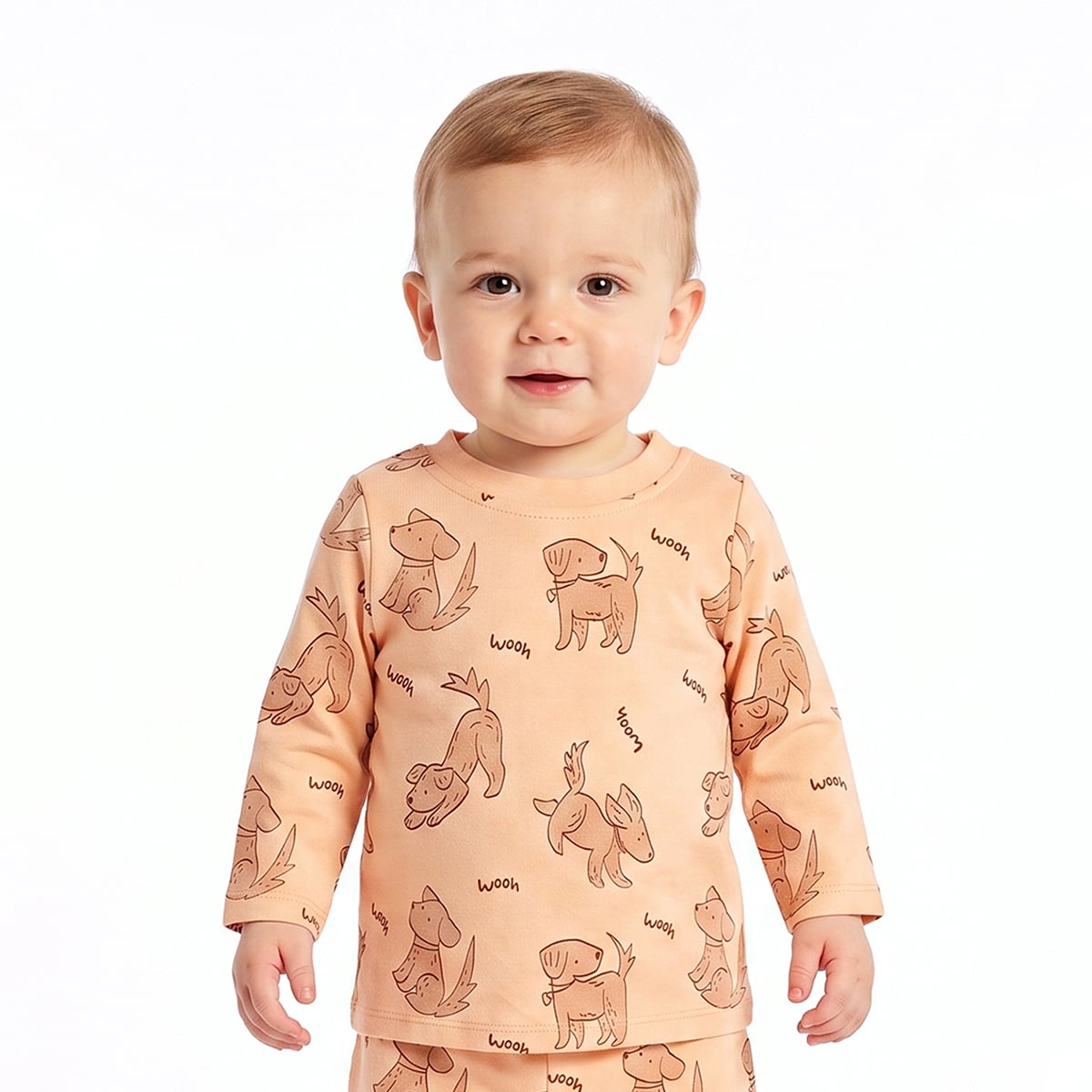 Baby Boys Peach And Coral Cotton Dog Printed Three-Quarter Sleeve T-Shirts Pack Of 2 Regular Fit Casual Wear