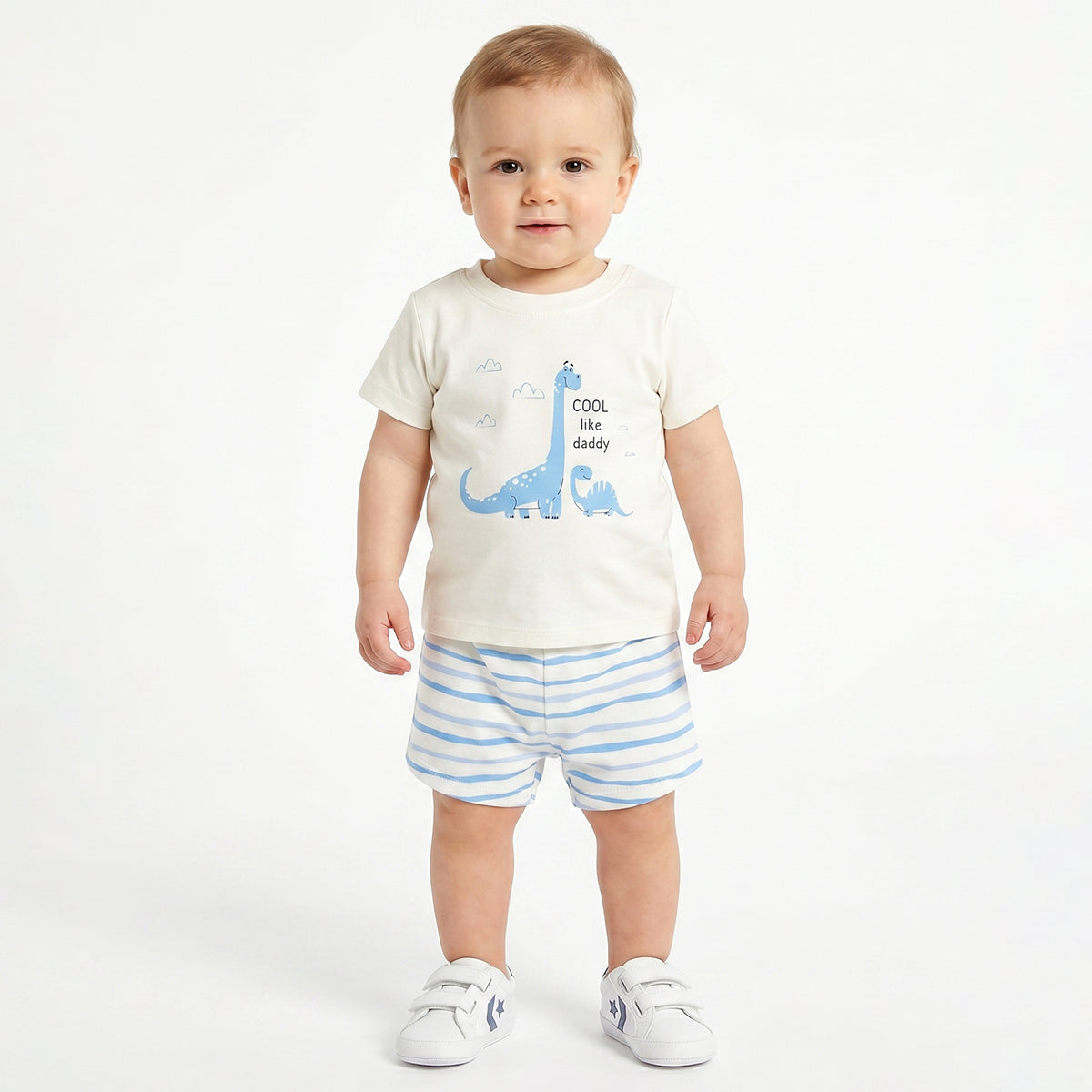 Baby Boys Blue and Off White Cotton Printed T-Shirts Pack of 2 Regular Fit Casual Baby T-Shirts