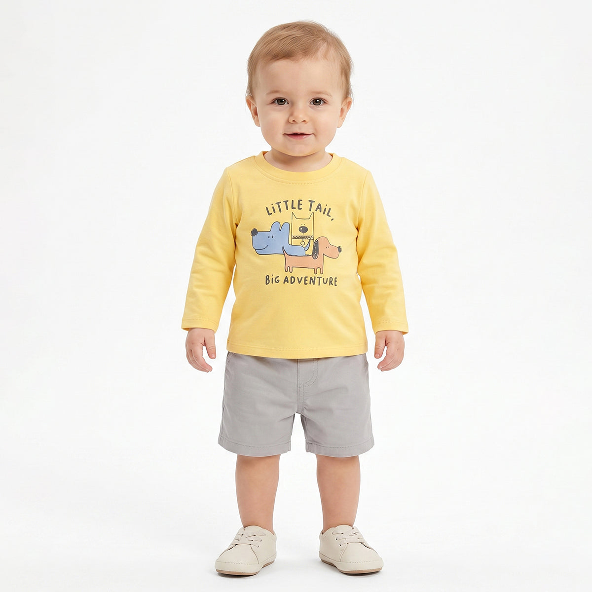 Baby Boys Yellow and Beige Cotton Printed T-Shirts Pack of 2 Regular Fit Casual Baby T-Shirts