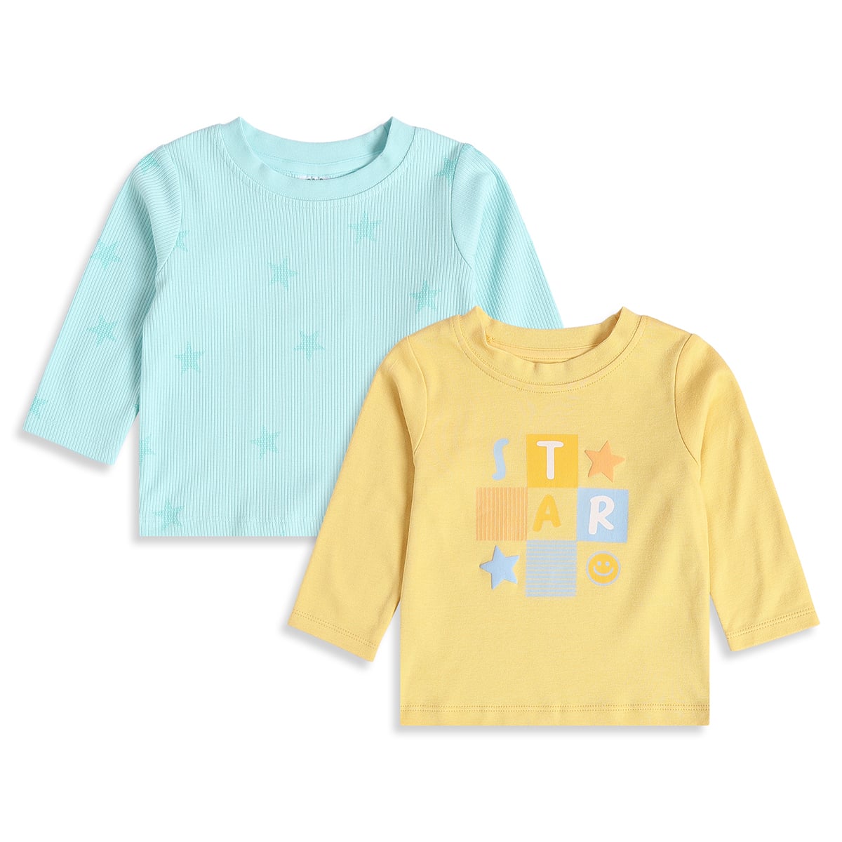 Baby Boys Yellow And Mint Green Cotton Blend Star Printed T-Shirts Pack of 2 Regular Fit Casual Wear