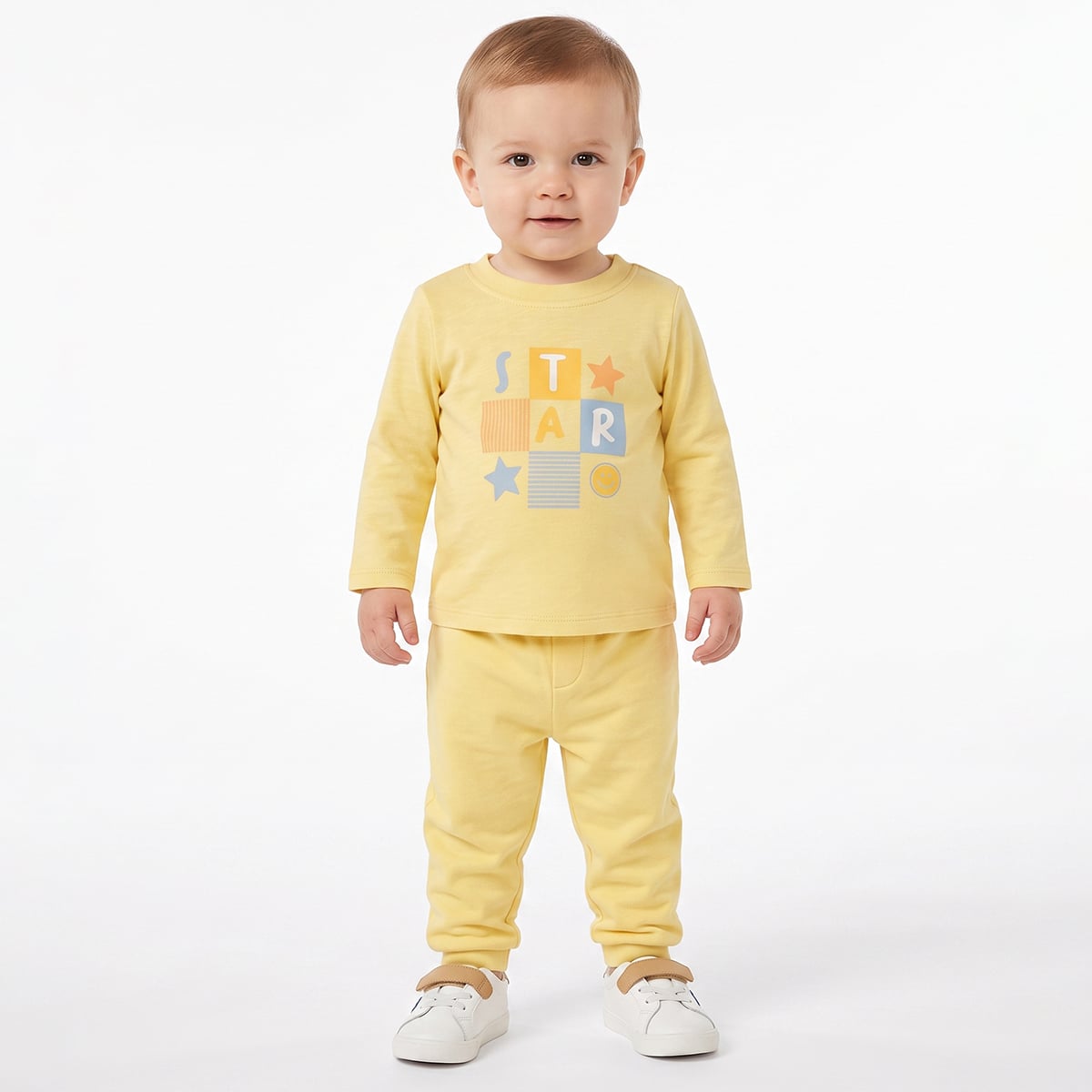 Baby Boys Yellow And Mint Green Cotton Blend Star Printed T-Shirts Pack of 2 Regular Fit Casual Wear
