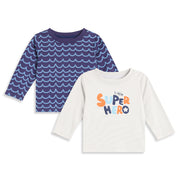 Baby Boys Blue and Off White Cotton Printed T-Shirts Pack of 2 Regular Fit Casual T-Shirts