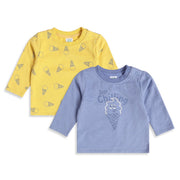 Baby Boys Yellow And Blue Cotton Ice Cream Printed Full Sleeve T-Shirts Pack Of 2 Regular Fit Casual Wear