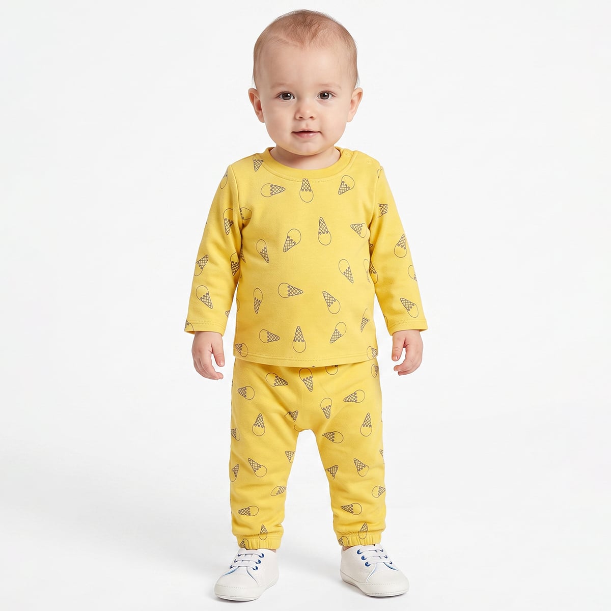 Baby Boys Yellow And Blue Cotton Ice Cream Printed Full Sleeve T-Shirts Pack Of 2 Regular Fit Casual Wear