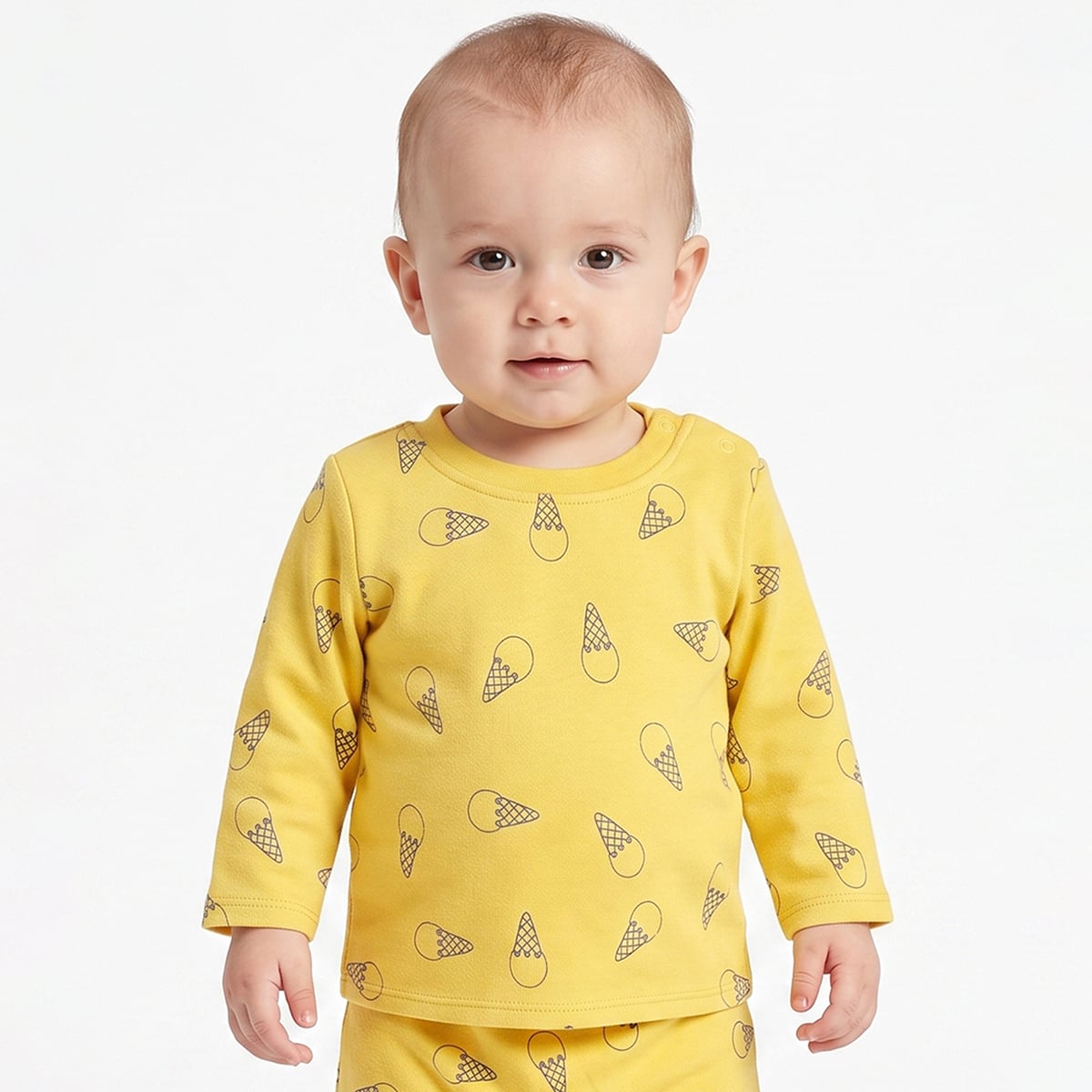 Baby Boys Yellow And Blue Cotton Ice Cream Printed Full Sleeve T-Shirts Pack Of 2 Regular Fit Casual Wear