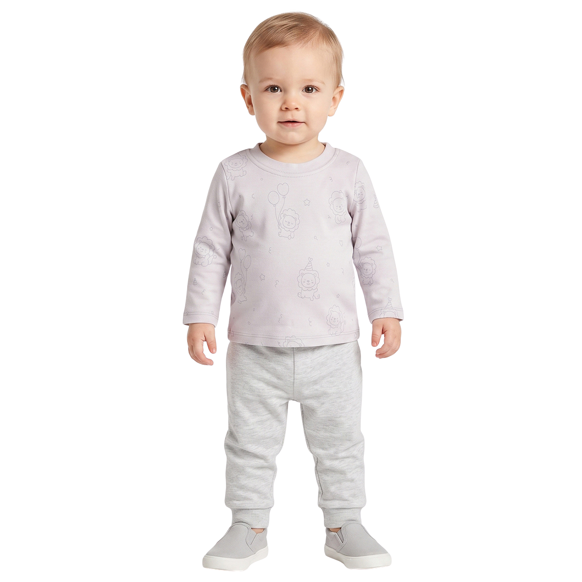 Baby Boys Off White and Light Grey Cotton Lion Printed T Shirts Pack