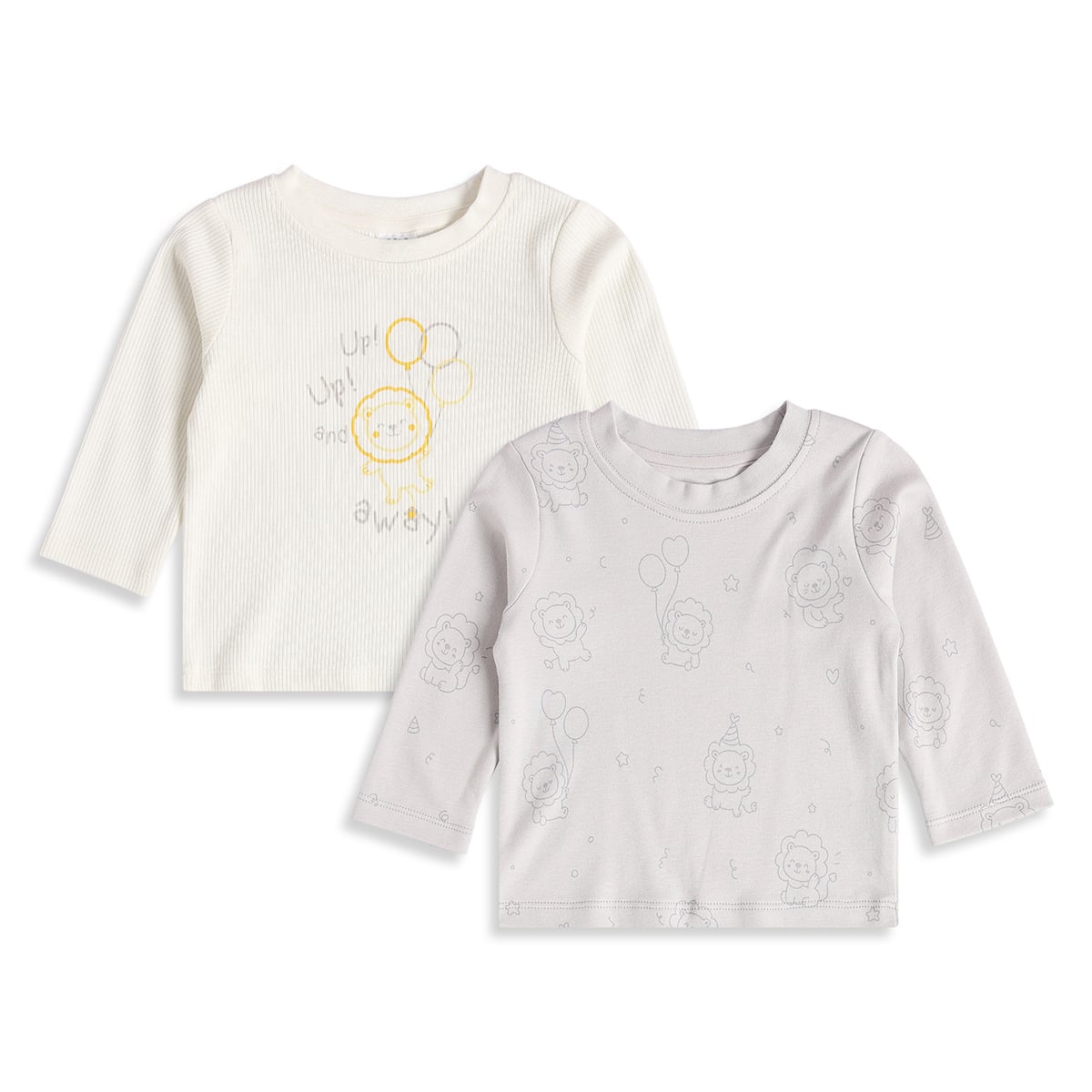 Baby Boys Off-White And Light Grey Cotton Lion Printed Full Sleeve T-Shirts Pack Of 2 Regular Fit Casual Wear