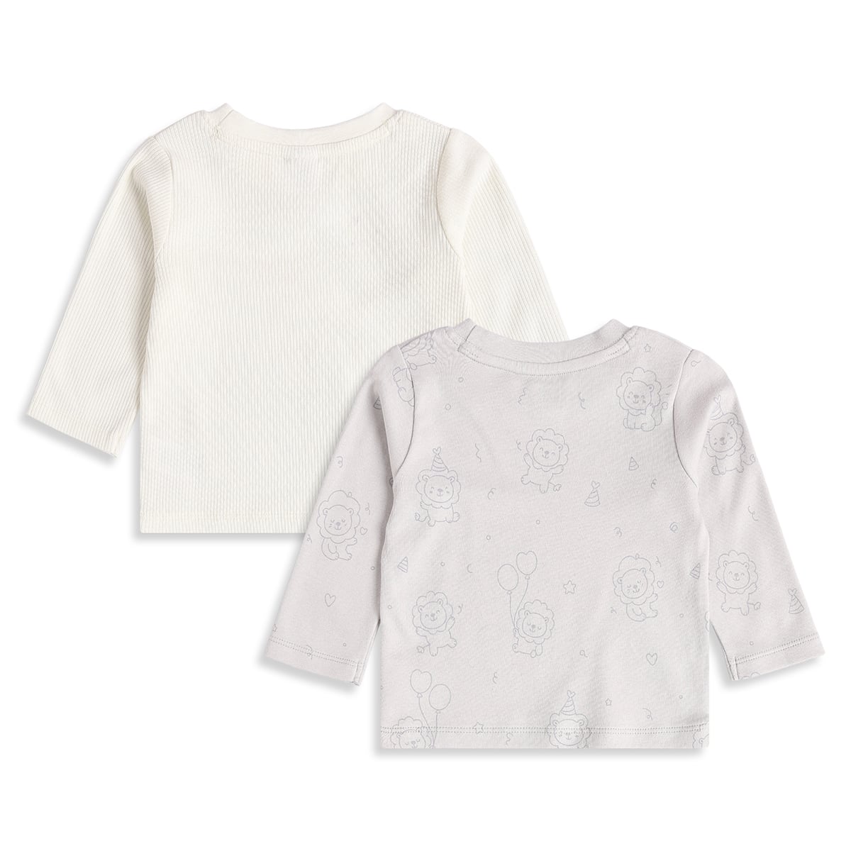 Baby Boys Off-White And Light Grey Cotton Lion Printed Full Sleeve T-Shirts Pack Of 2 Regular Fit Casual Wear