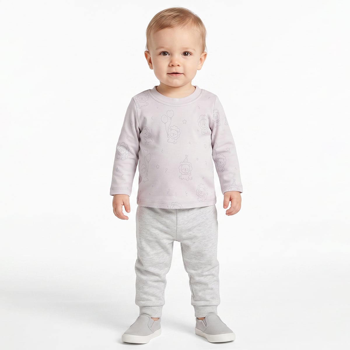 Baby Boys Off-White And Light Grey Cotton Lion Printed Full Sleeve T-Shirts Pack Of 2 Regular Fit Casual Wear