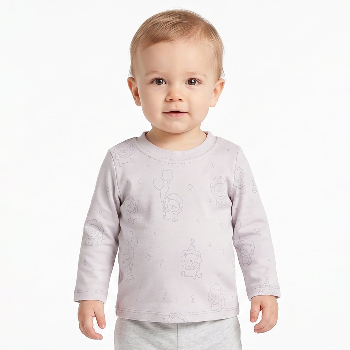 Baby Boys Off-White And Light Grey Cotton Lion Printed Full Sleeve T-Shirts Pack Of 2 Regular Fit Casual Wear