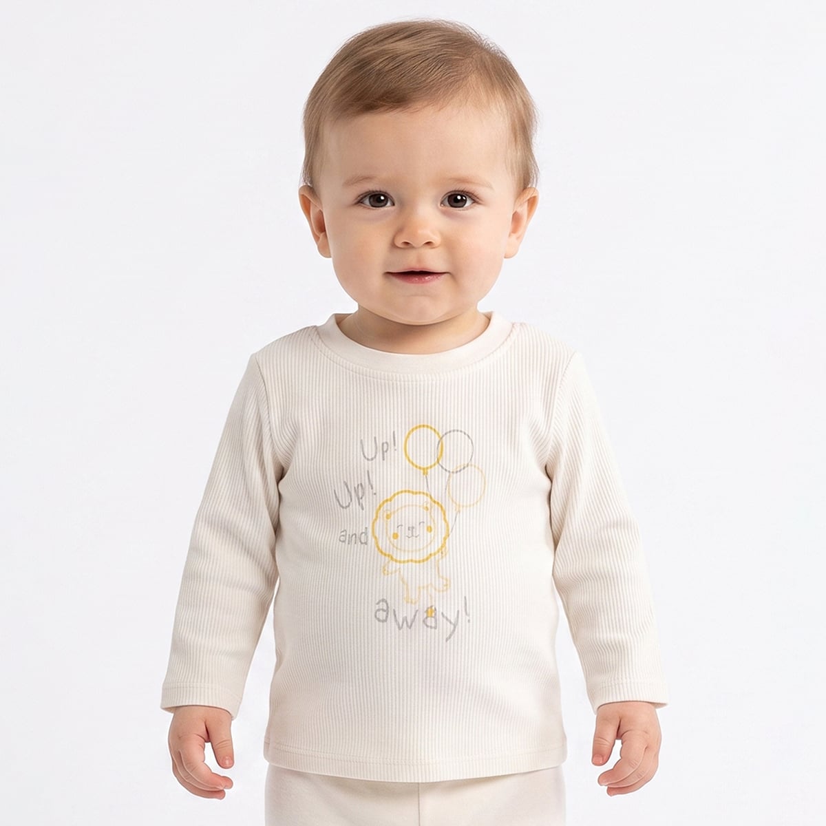 Baby Boys Off-White And Light Grey Cotton Lion Printed Full Sleeve T-Shirts Pack Of 2 Regular Fit Casual Wear
