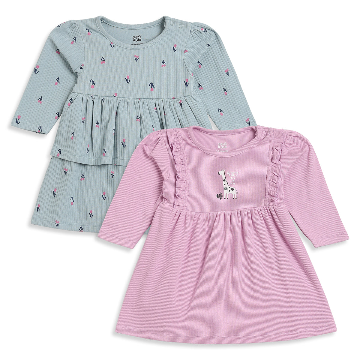 Baby Girls Blue and Pink Cotton Dresses Pack of 2 Regular Fit