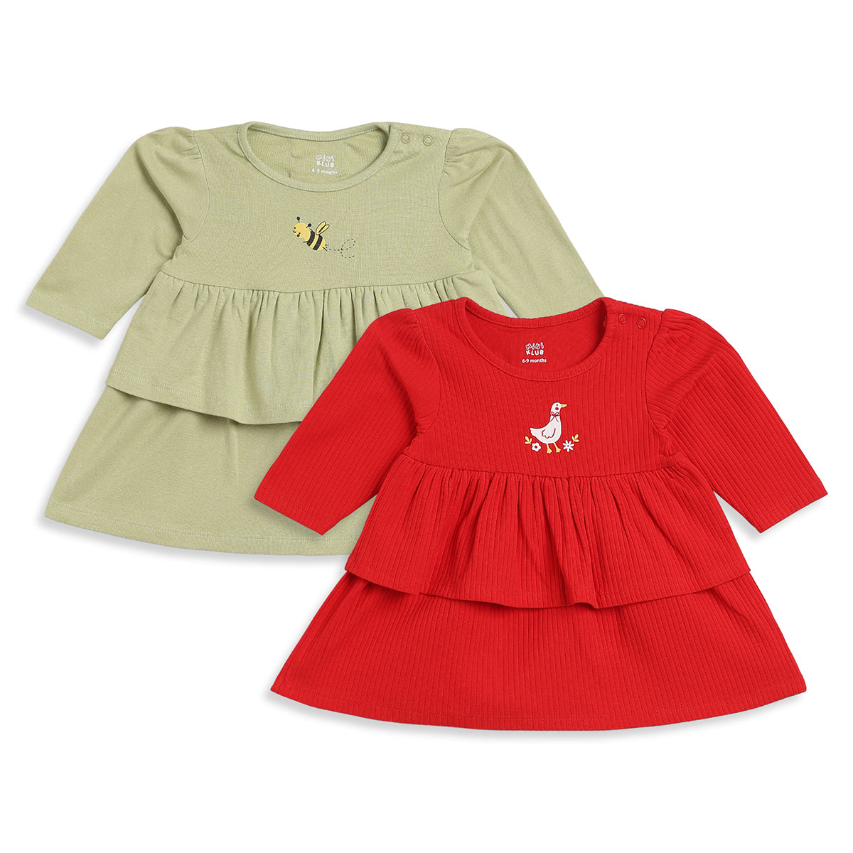 Baby Girls Green and Red Cotton Dress Pack of 2 Regular Fit Casual Wear