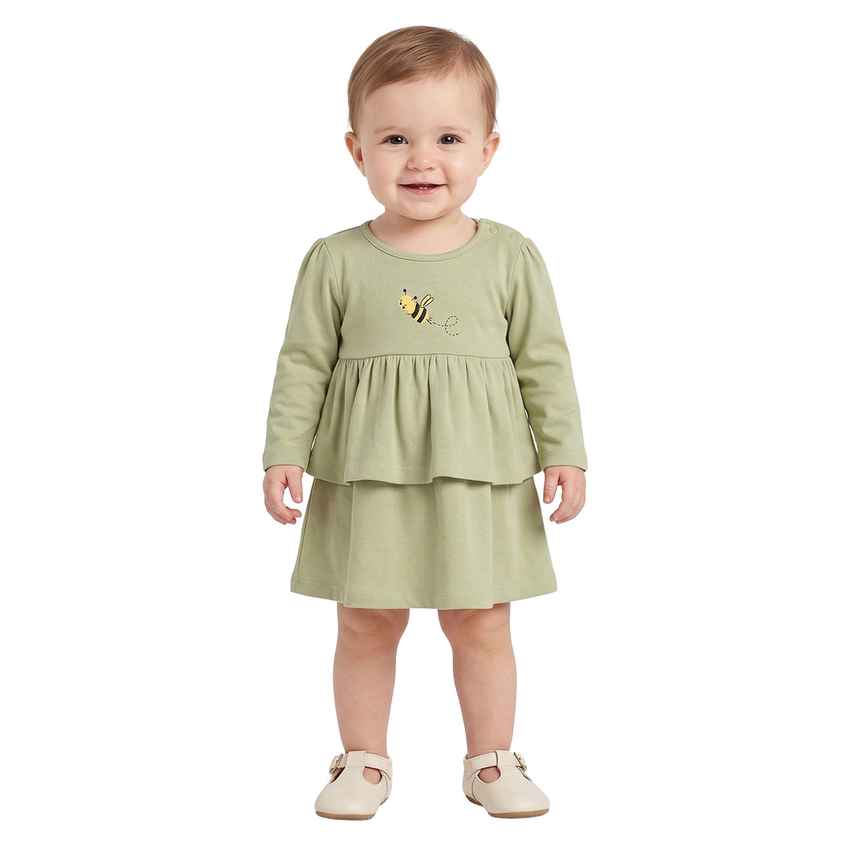 Baby Girls Cream Sage Cotton Dress Pack of 2 Regular Fit Casual Wear