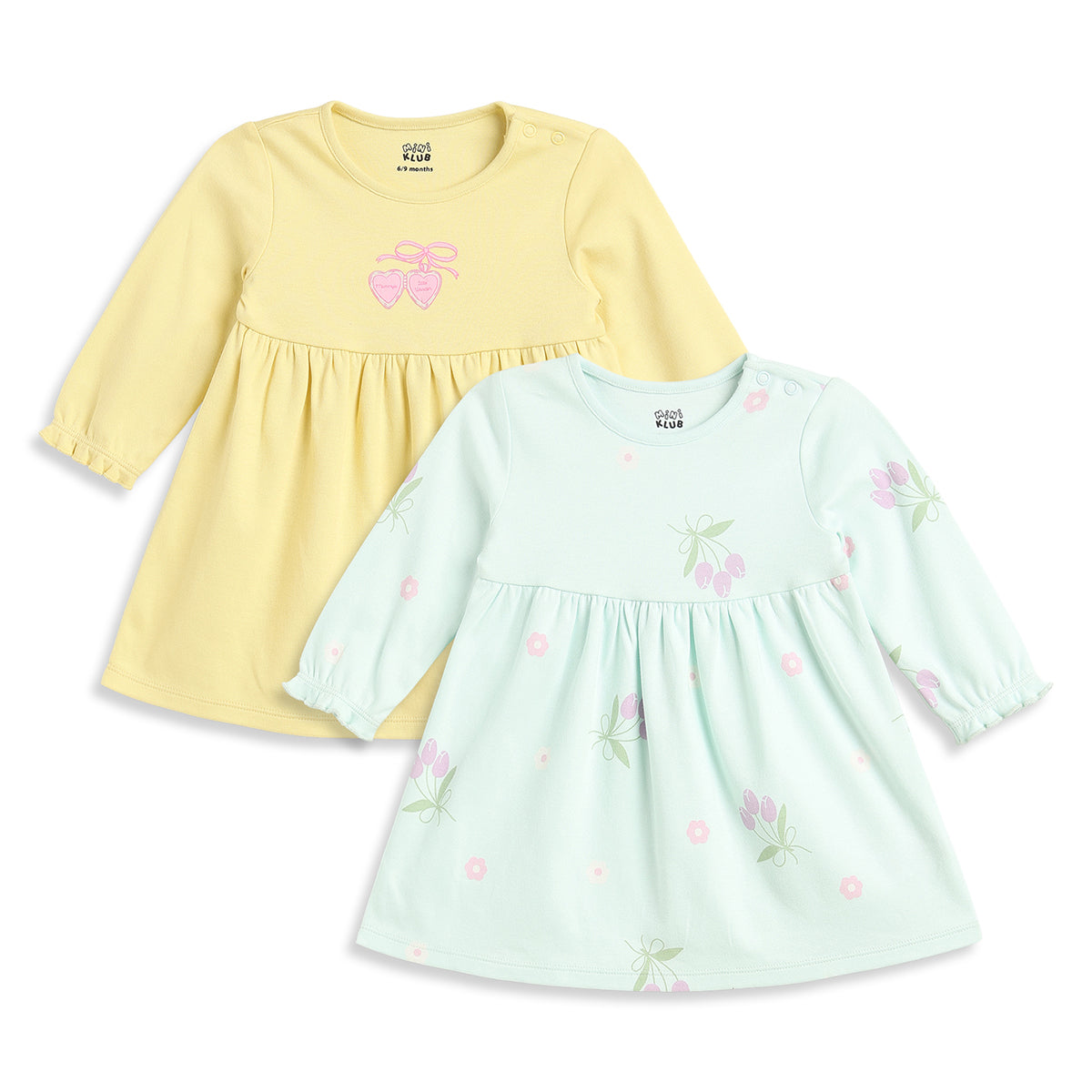 Baby Girls Yellow and Mint Green Cotton Dresses Pack of 2 Regular Fit