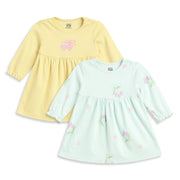 Baby Girls Yellow and Mint Green Cotton Dresses Pack of 2 Regular Fit
