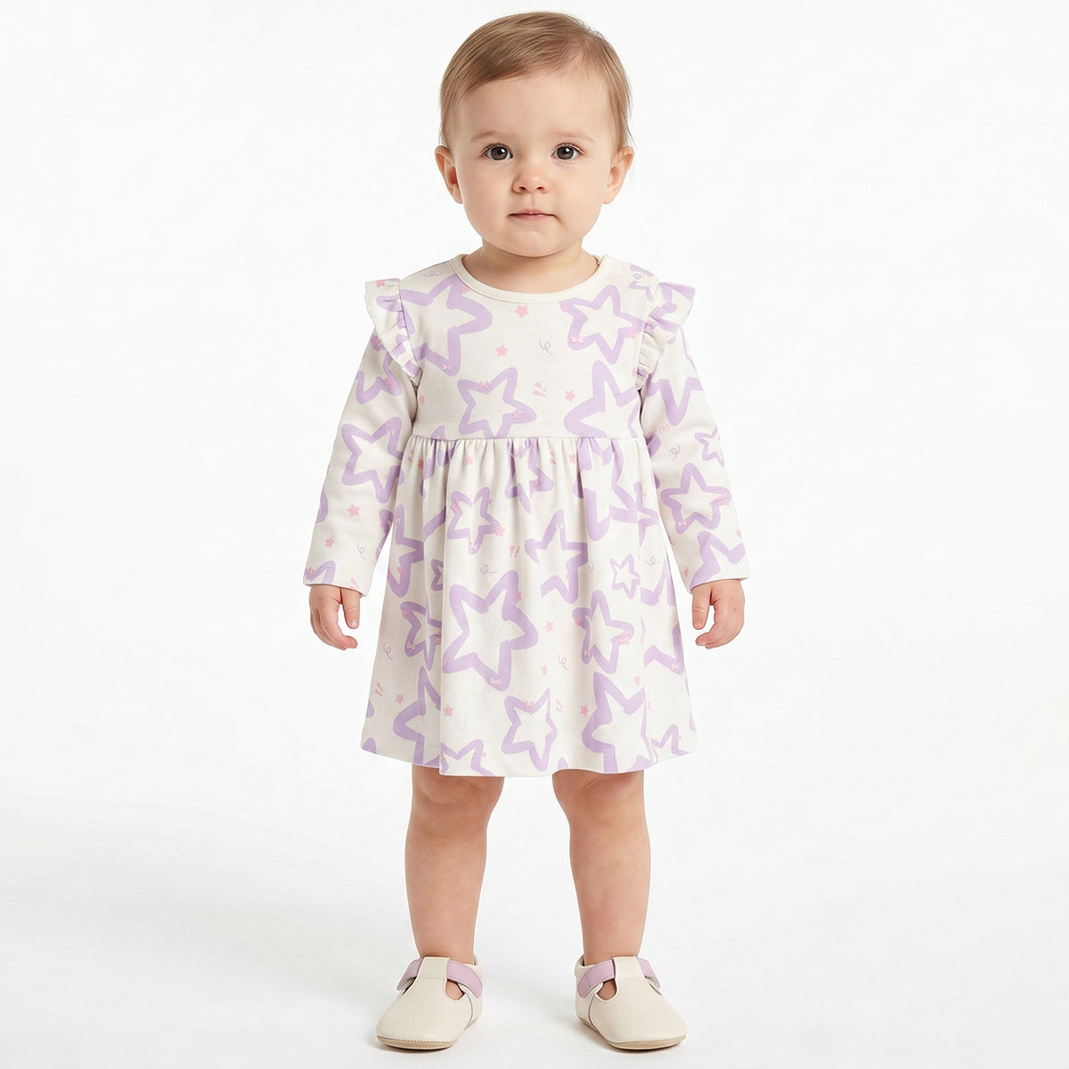 Baby Girls Off White and Lavender Cotton Dresses Pack of 2 Regular Fit.