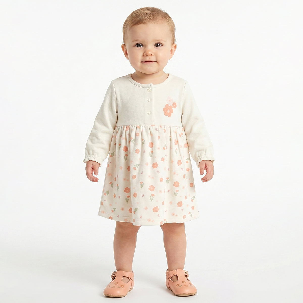 Baby Girls Peach and Off White Cotton Printed Dress Pack of 2 Regular Fit.