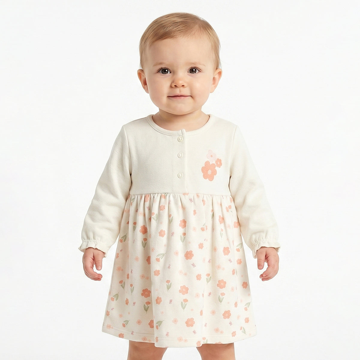 Baby Girls Peach and Off White Cotton Printed Dress Pack of 2 Regular Fit.