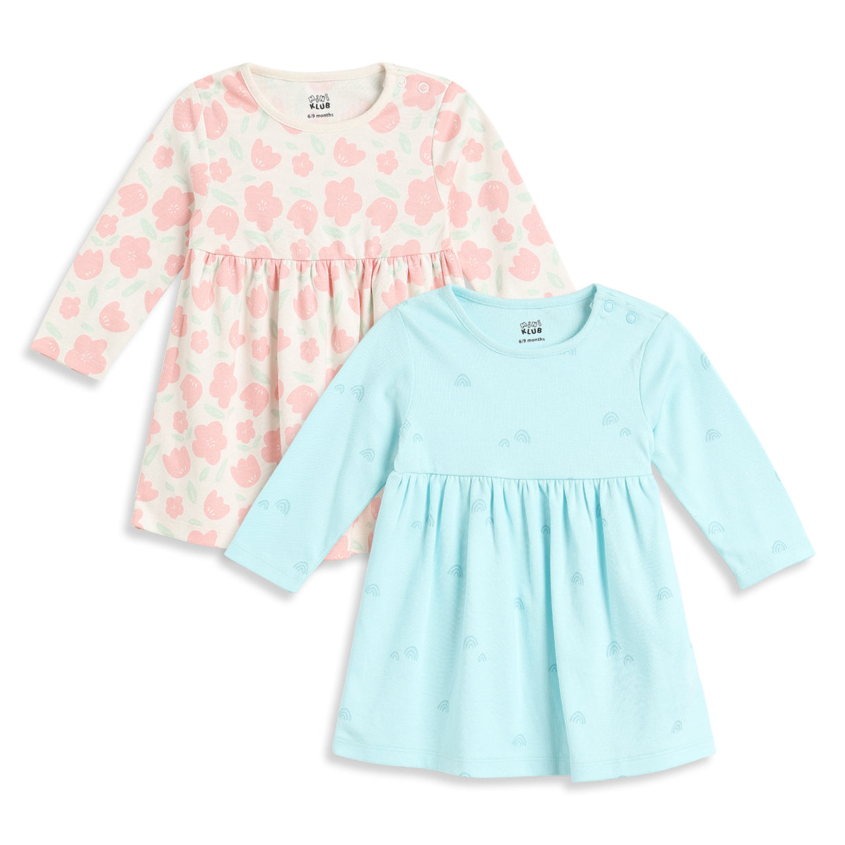 Baby Girls Blue and Off White Cotton Printed Dress Pack of 2 Regular Fit.