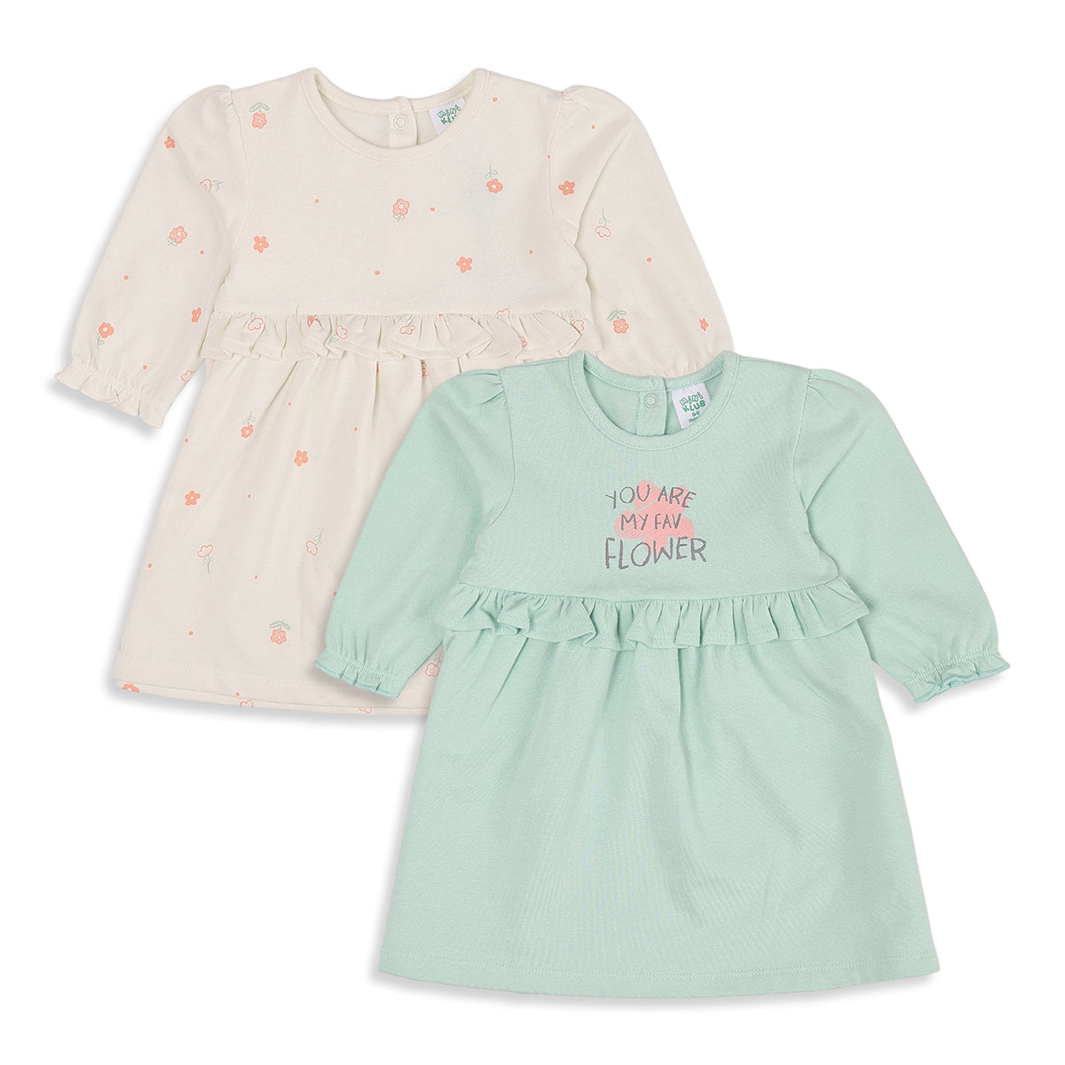 Baby Girls Cream and Mint Green Cotton Blend Printed Ruffle Dresses Pack of 2 Regular Fit Casual Wear