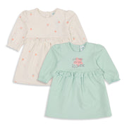 Baby Girls Cream and Mint Green Cotton Blend Printed Ruffle Dresses Pack of 2 Regular Fit Casual Wear