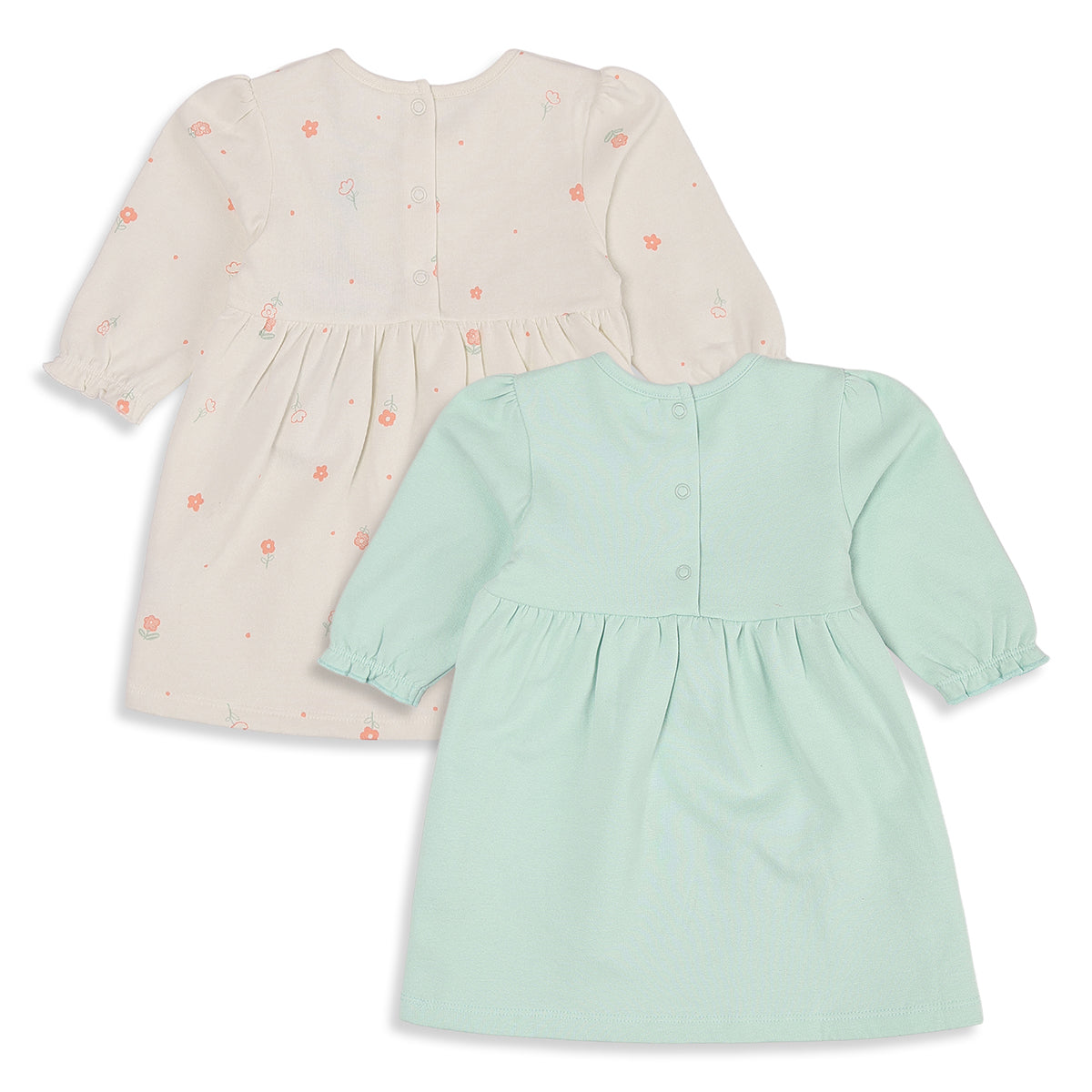 Baby Girls Cream and Mint Green Cotton Blend Printed Ruffle Dresses Pack of 2 Regular Fit Casual Wear