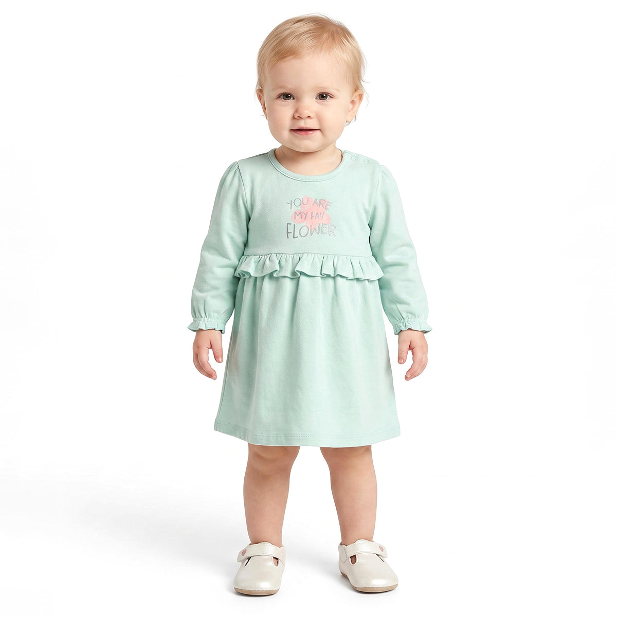 Baby Girls Cream and Mint Green Cotton Blend Printed Ruffle Dresses Pack of 2 Regular Fit Casual Wear