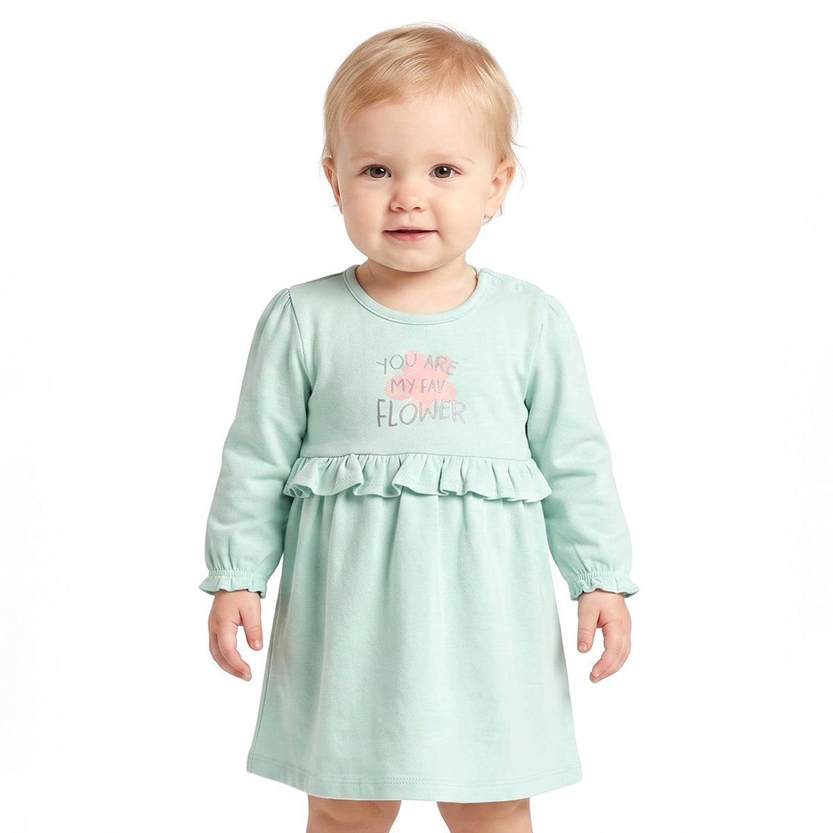 Baby Girls Cream and Mint Green Cotton Blend Printed Ruffle Dresses Pack of 2 Regular Fit Casual Wear