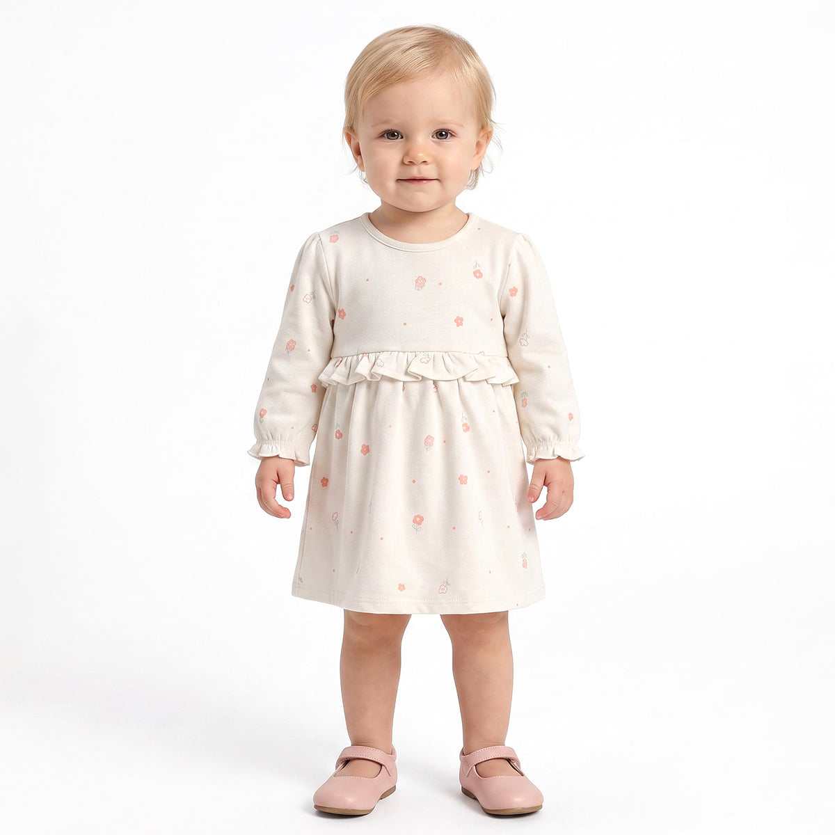Baby Girls Cream and Mint Green Cotton Blend Printed Ruffle Dresses Pack of 2 Regular Fit Casual Wear