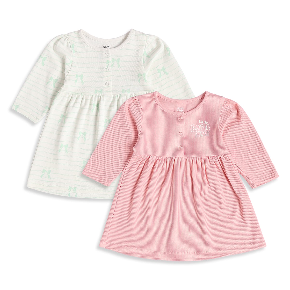 Baby Girls Pink And Off-White Cotton Printed Dresses Pack Of 2 Regular Fit Casual Wear