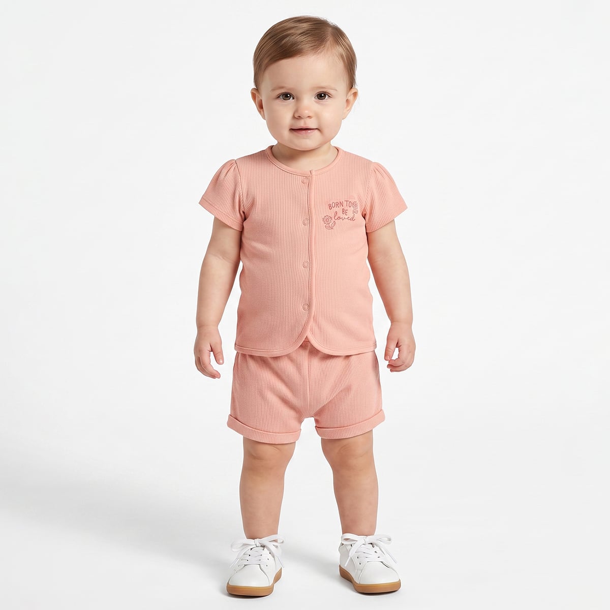 Baby Girls Pink And Peach Cotton Printed Front Open Vests Pack Of 2 Regular Fit Casual Wear